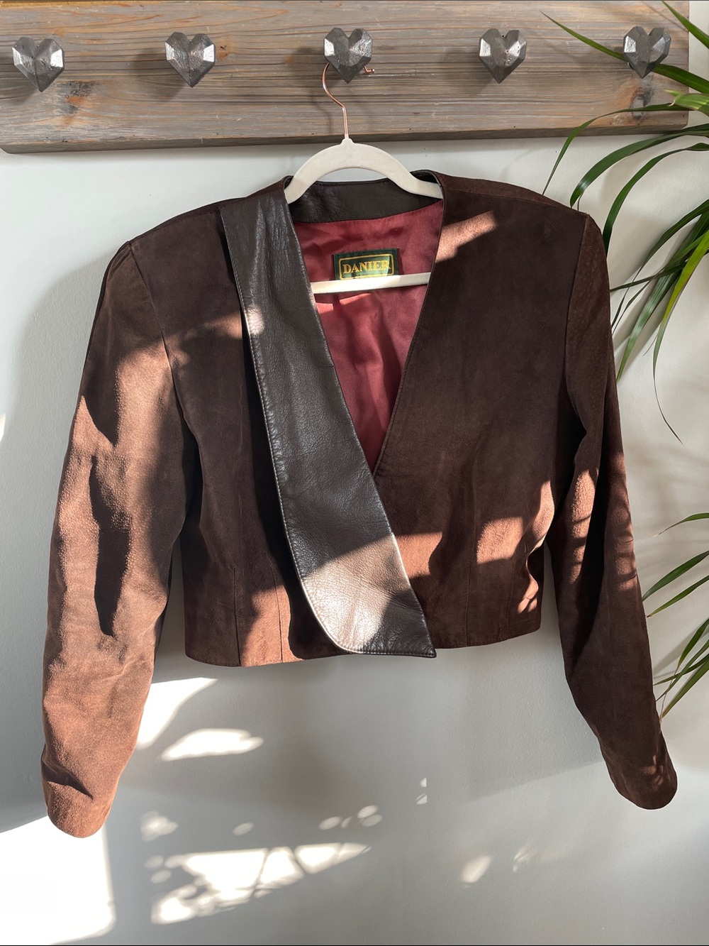 Danier Brown Suede Cropped Jacket with Dark Brown Leather Lapel